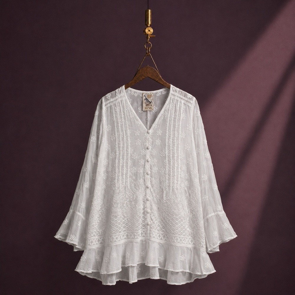 Johnny Was Fleur Du Jour Gauzy White Floral Embroidered Boho Tunic Top S
